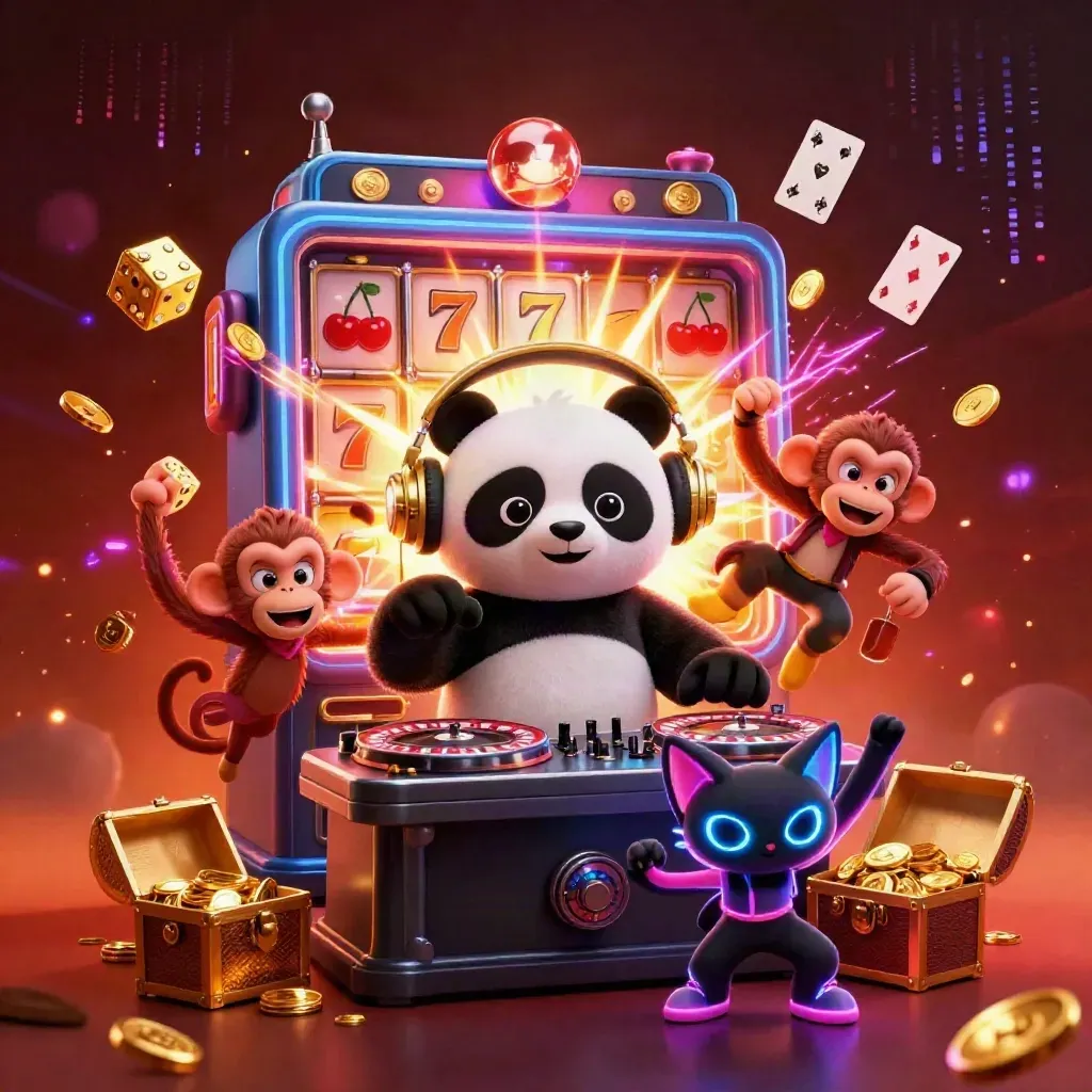 Panda DJ, breakdancing monkey, and glow-stick kitten amid casino jackpots, gold, and neon