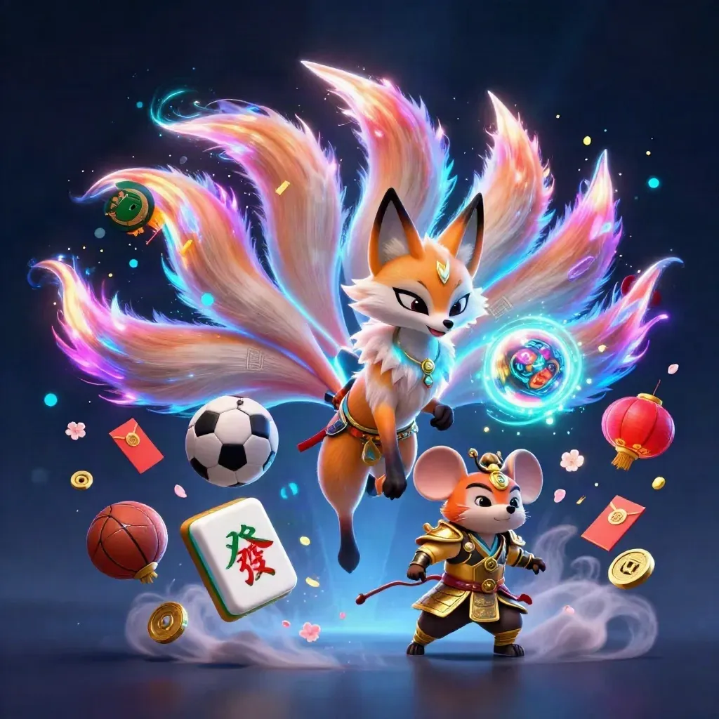 Neon fox spirit and armored mouse amid flying balls, lanterns, coins, petals, and magical haze.
