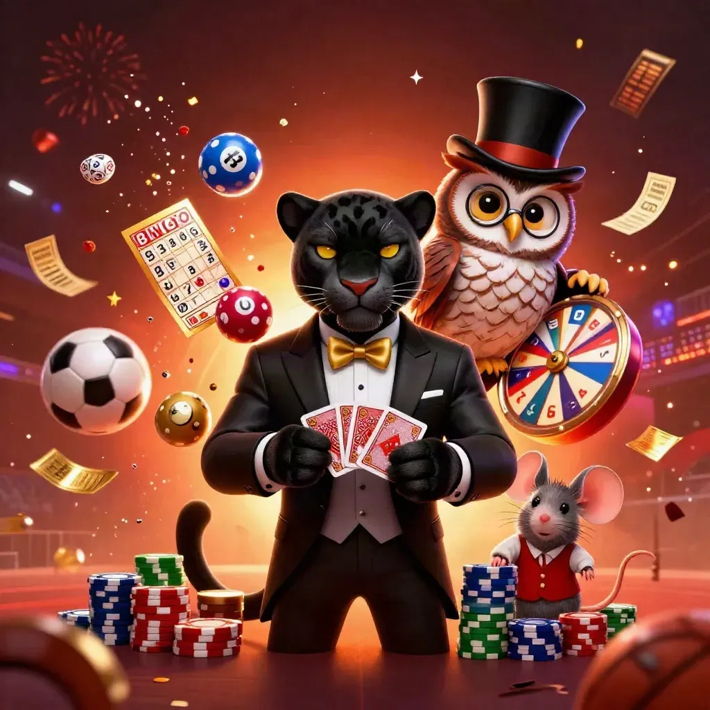 Panther, owl and mouse amid flying chips, balls, cards and sports gear in fiery casino light