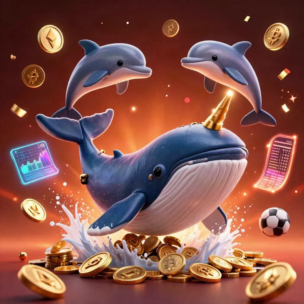 Whale captain, narwhal and dolphins burst through coins with neon sports-bet icons.