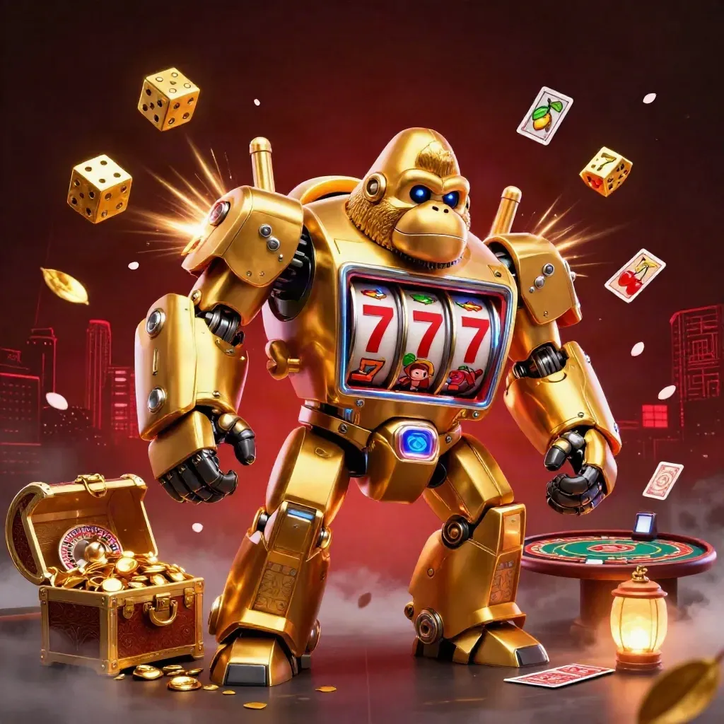 Golden gorilla mech with tiny pilot amid jackpot bursts, luxury casino glow, and drifting petals.