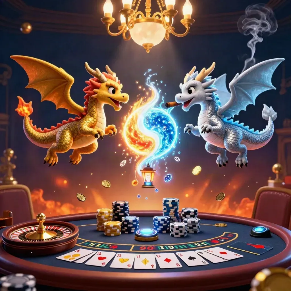 Gold and silver dragons swirl through casino lights, coins and gems in a luxe cinematic scene