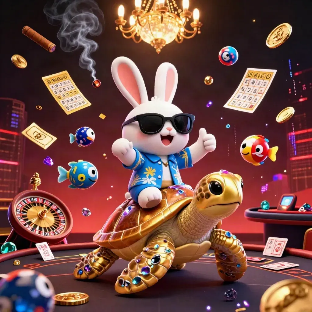 Rabbit on a golden sea turtle amid casino lights, balls, cards, and glittering effects.