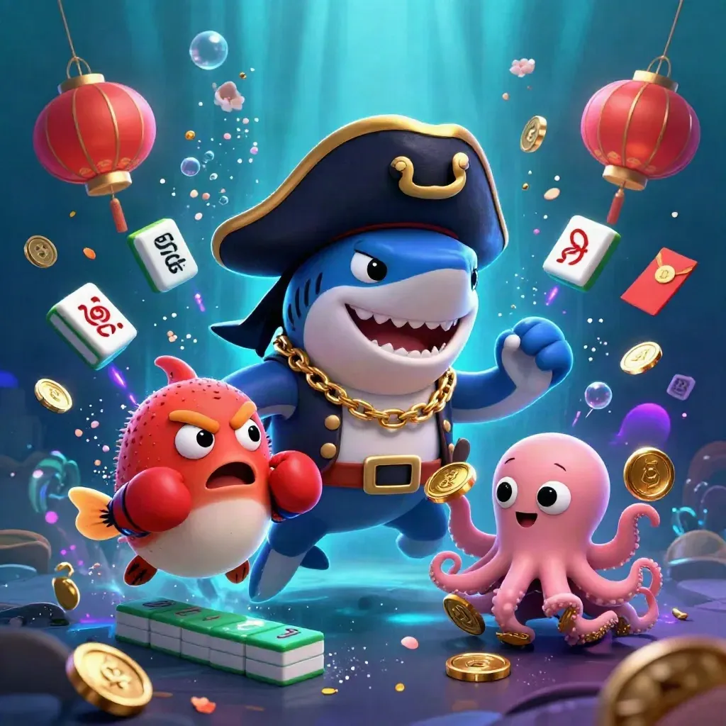 Pirate shark, boxing pufferfish, and coin-juggling octopus amid lanterns and jade coins underwater.