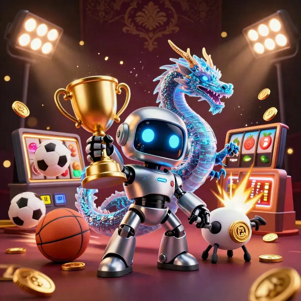 Cyberpunk robot, holographic dragon, and drone burst coins, balls, and casino glow.