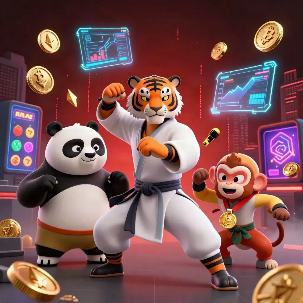 Tiger, panda, and monkey amid neon coins, reels, and blue energy in a dark red city glow.