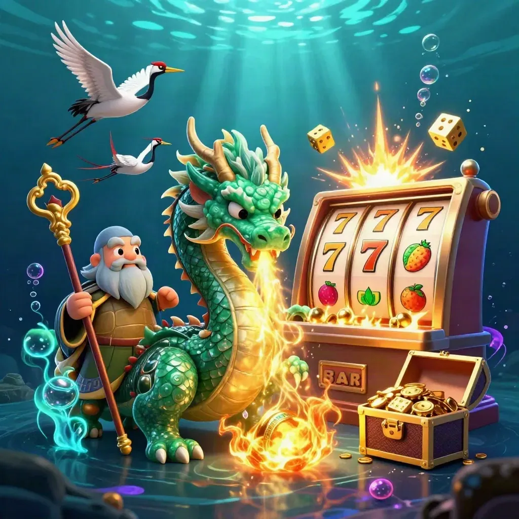 Emerald dragon, turtle sage and cranes amid a glowing underwater slot vault explosion.