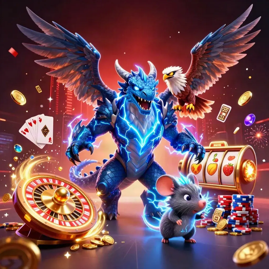 Thunder dragon, wind hawk, and crackling mouse amid casino cards, coins, and blue lightning.