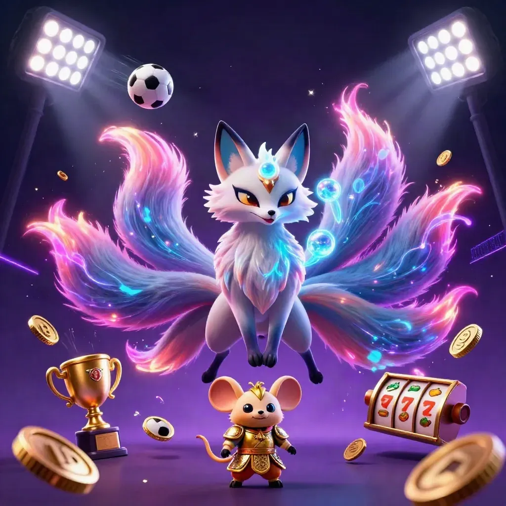 Neon nine-tailed fox spirit and armored mouse amid casino game bursts on a dark glowing backdrop.
