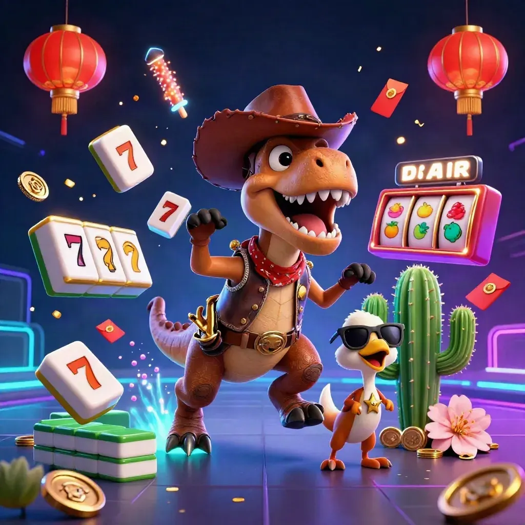 Cowboy T-Rex, cactus and roadrunner in a glowing casino burst with reels and coins